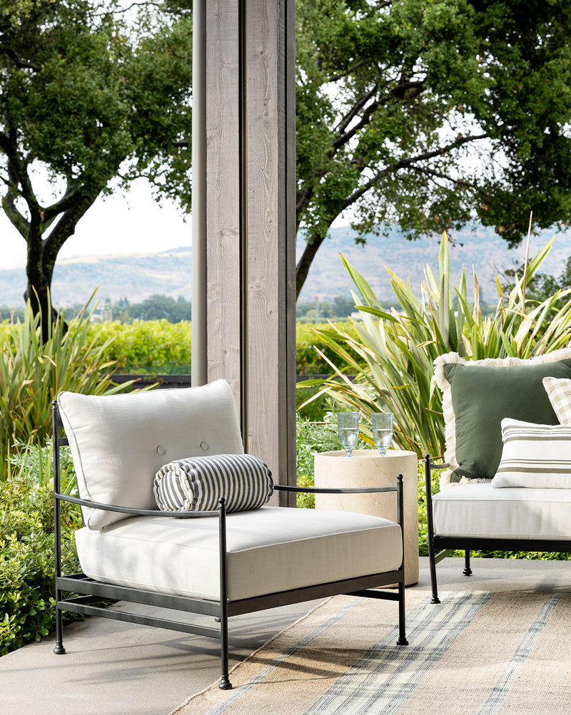 Studio McGee Pomeroy Outdoor Lounge Chair in cream cushion with woven detail, 30 percent off Memorial Day Sale