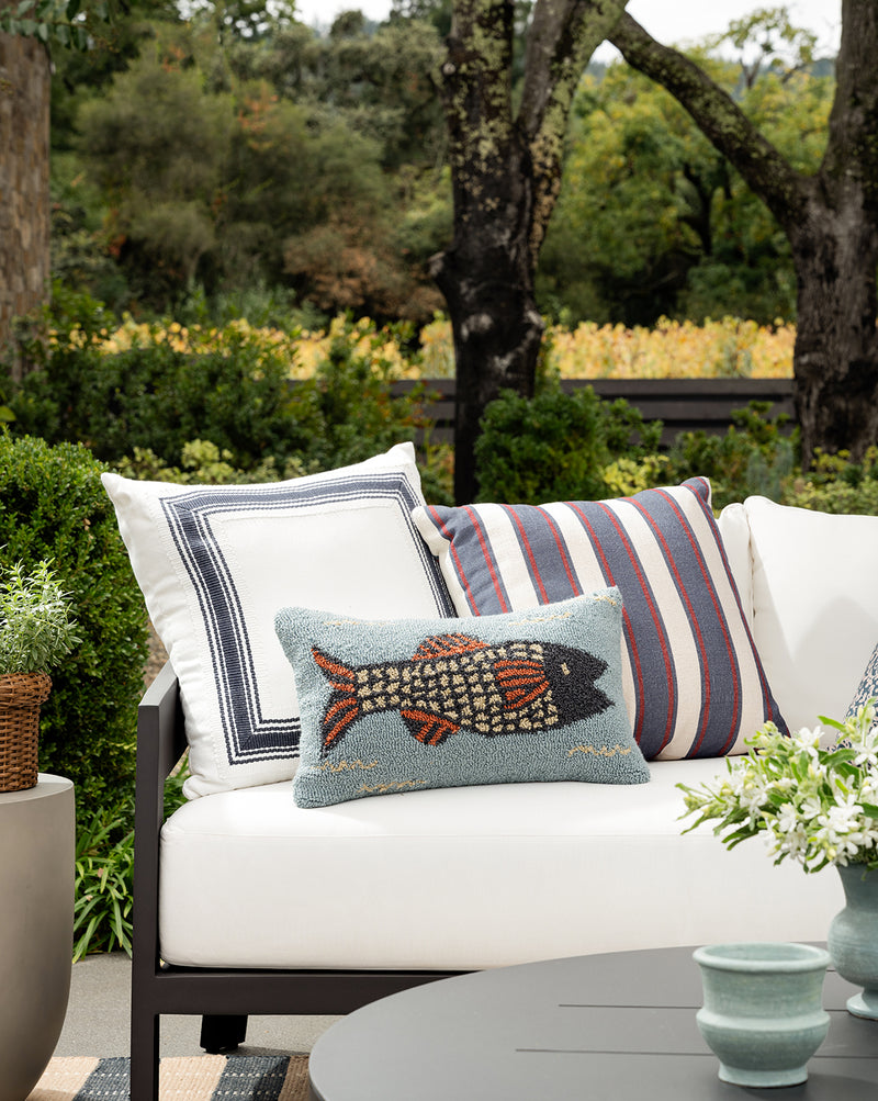 Studio McGee Poisson Indoor Outdoor Pillow with multi-color fish pattern in rust sage and cream, 30 percent off