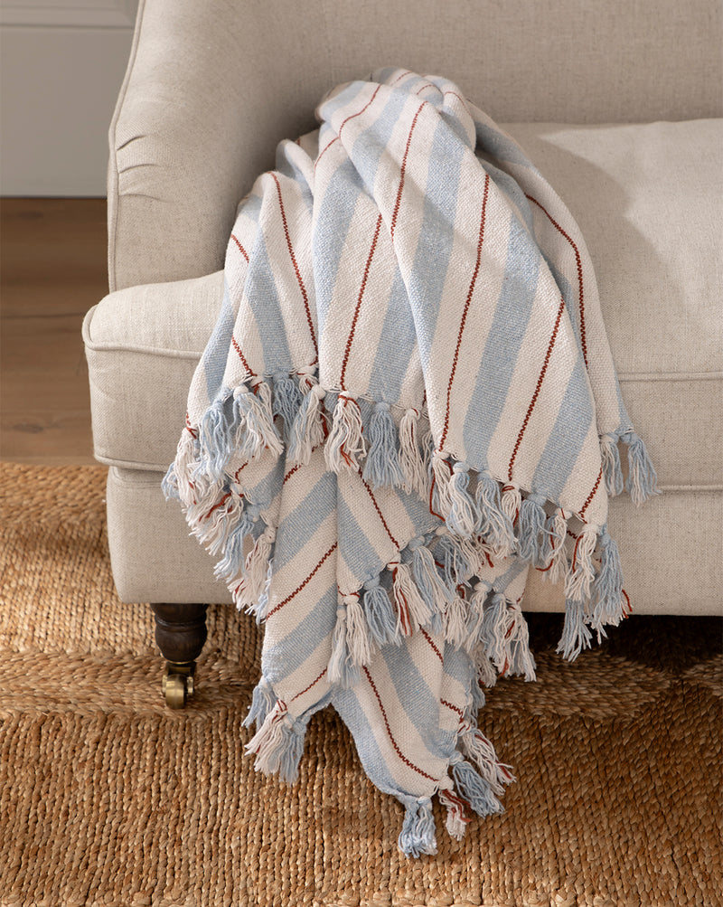 Studio McGee Two-tone Striped Cotton Throw in blue and cream stripe, 15 percent off Memorial Day Sale