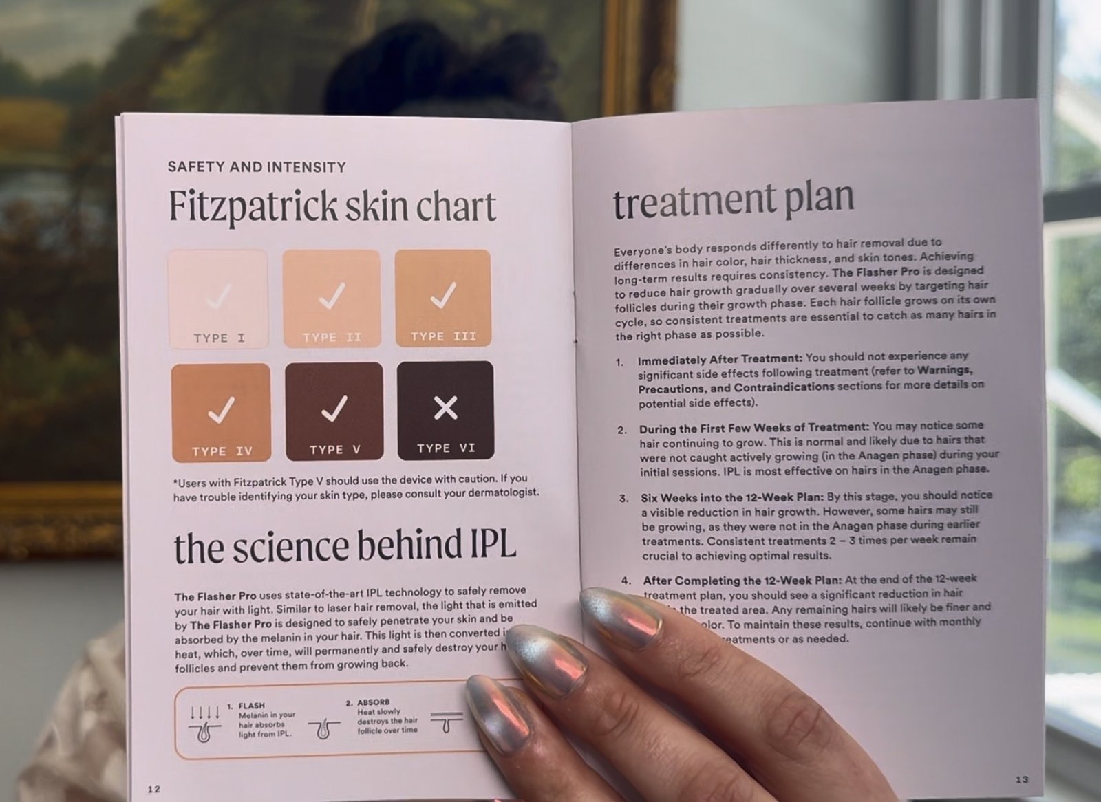 The Fitzpatrick skin type chart in the Nood Flasher Pro manual, with types one through five checked and type six marked with an X