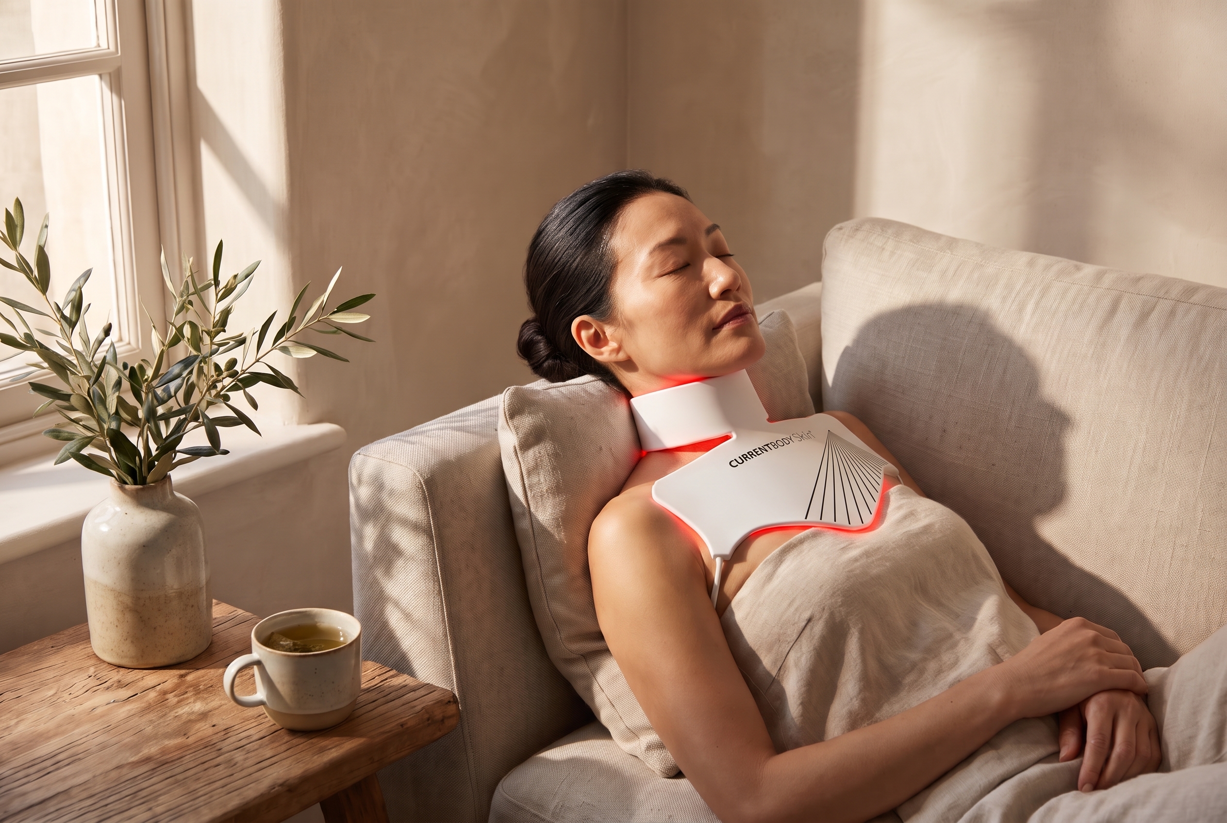 Woman resting on a linen sofa wearing the CurrentBody Skin LED Neck and Decolletage Mask Series 2 with a soft red glow