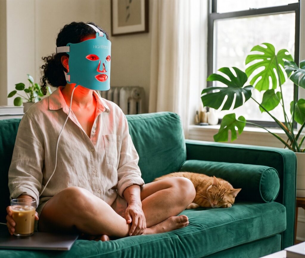 Woman relaxing on a green velvet sofa with iced coffee while wearing the HigherDOSE Red Light Face Mask