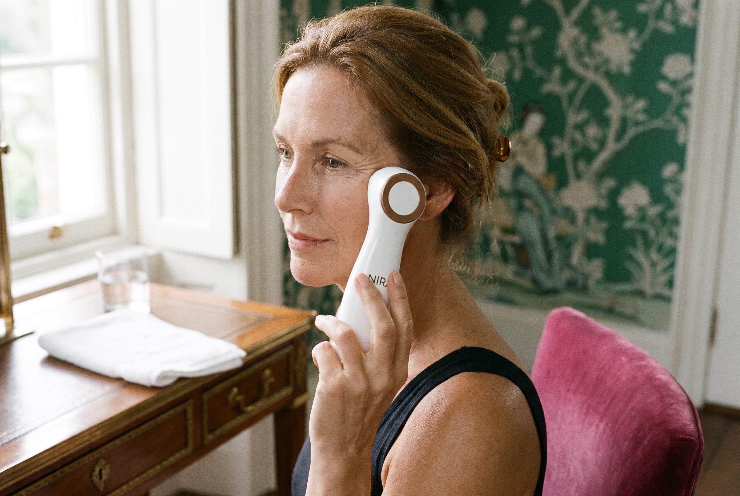Woman at an antique vanity holding the NIRA Precision Laser beside her cheek, for a guide on whether the NIRA laser is worth it