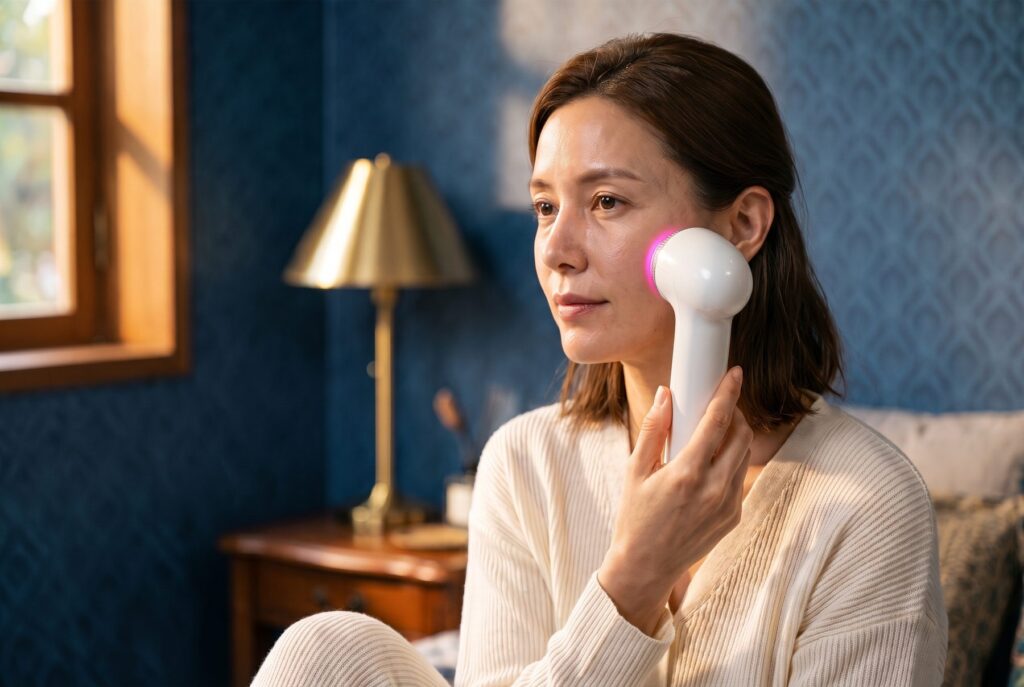 Woman in an ivory knit top pressing the Medicube AGE-R Ultra Tune 40.68 to her cheek in a blue wallpapered bedroom