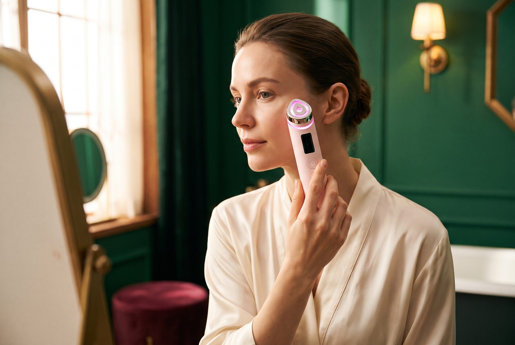 Woman in a cream silk robe holding the Medicube AGE-R Booster Pro to her cheek in an emerald green bathroom