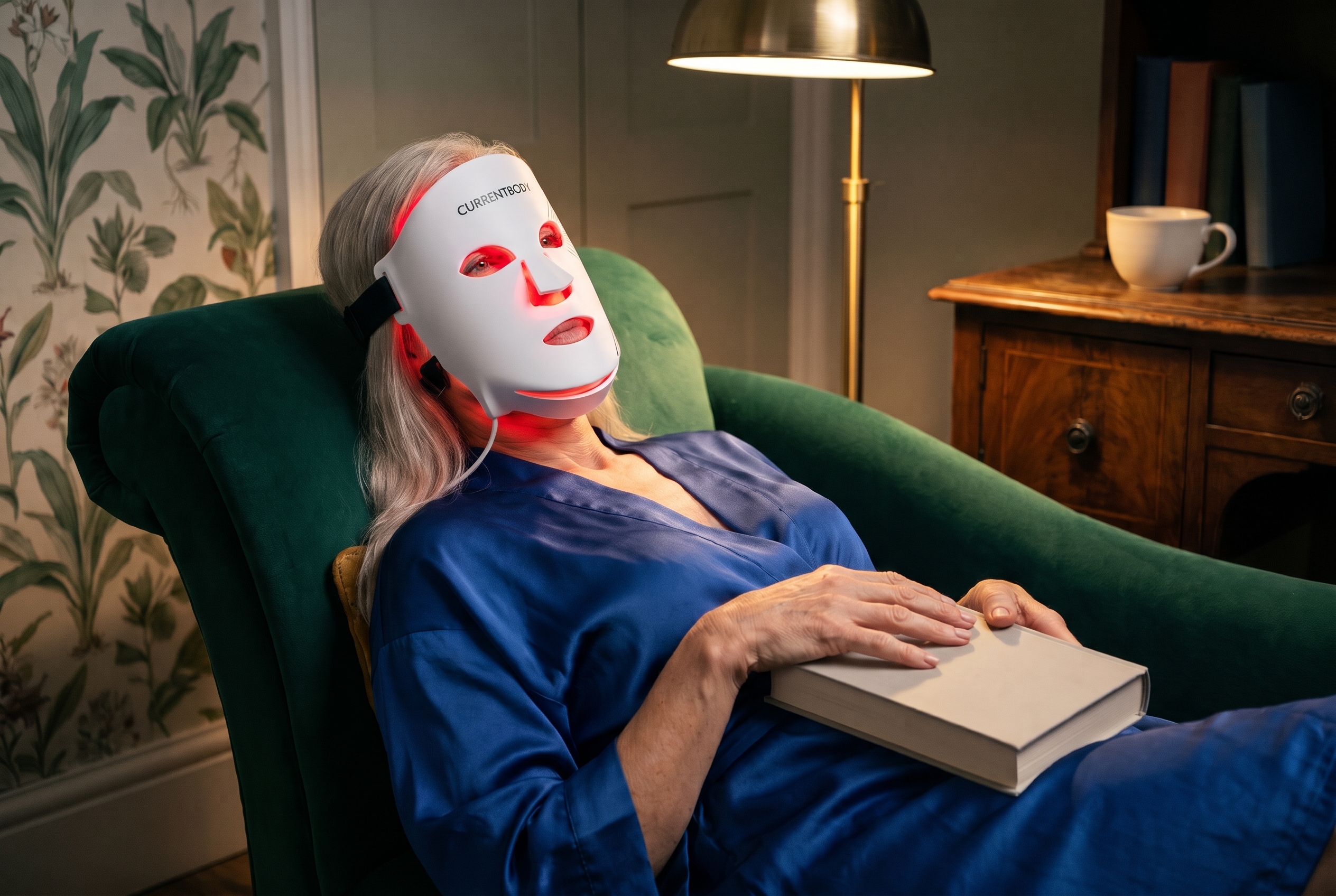 Woman relaxing on an emerald velvet chaise wearing the CurrentBody Series 3 LED mask, for a Shark CryoGlow vs CurrentBody comparison