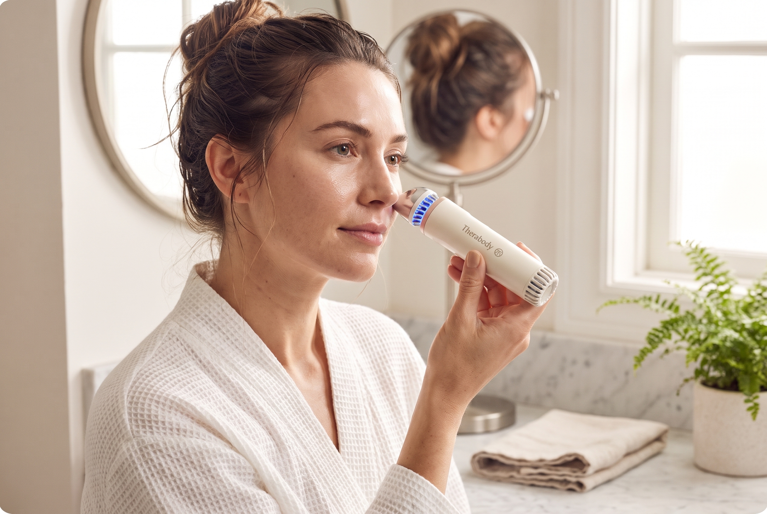Woman in a white robe gliding the Therabody TheraFace Depuffing Wand along her cheekbone in a bright marble bathroom