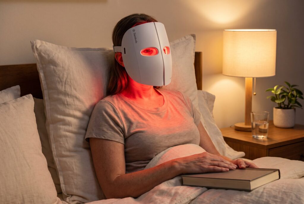 Woman sitting up in bed in the evening wearing the Therabody TheraFace Mask