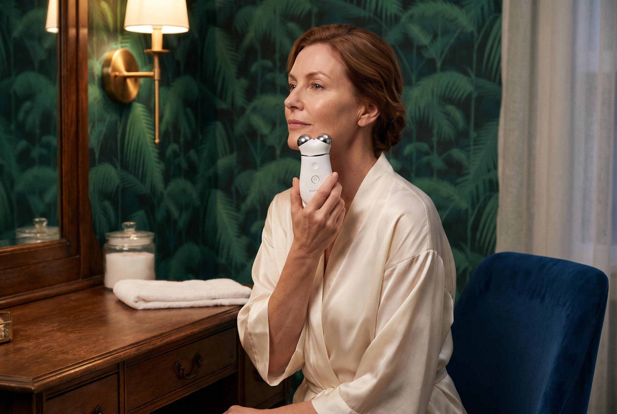 Woman at an antique vanity gliding the NuFACE TRINITY+ along her jawline, for a ZIIP HALO vs NuFACE comparison